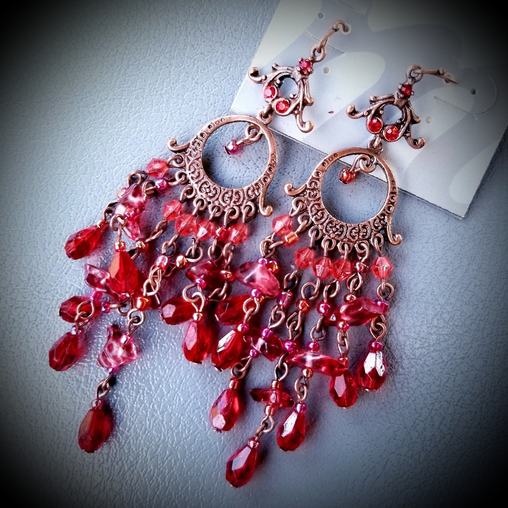 Mandee Dangle Drops Earrings Copper Ruby Imitates